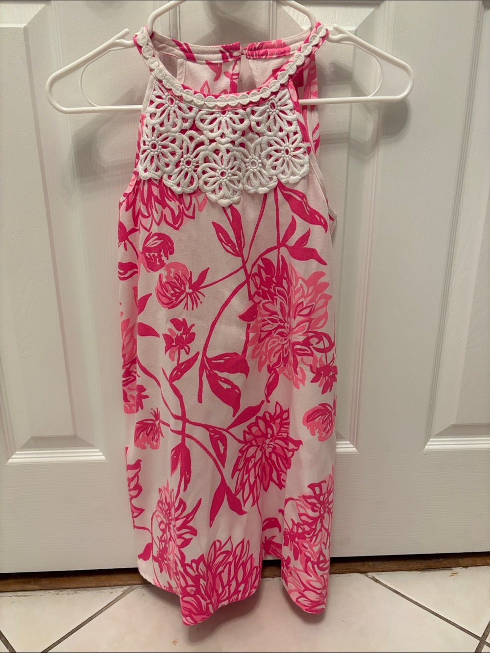 Lilly Pulitzer Pink Floral Halter Dress with White Crochet Yoke